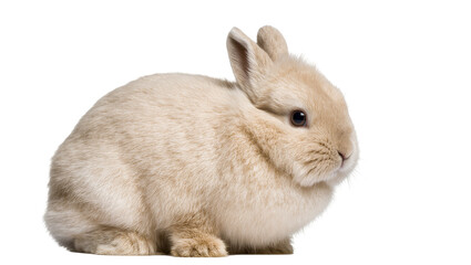 Fototapeta premium Isolated cute fluffy young fawn rabbit sitting peacefully, adorable small pet bunny studio shot.