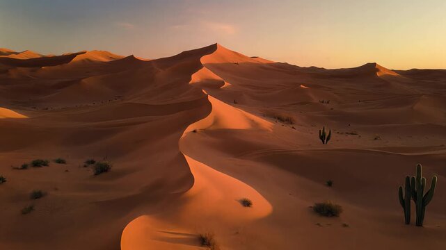 Desert landscape, serene sand dunes at sunset with sparse vegetation, tranquil natural scenery, symbolizing peace and solitude