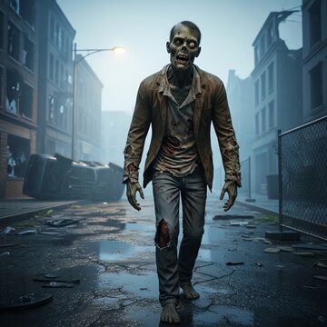 A zombie walks down a desolate city street with damaged buildings and a chain-link fence on a gloomy day with a dark and ominous mood.