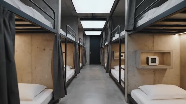 Modern hostel dormitory with multiple bunk beds and privacy curtains