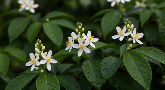 A close up view of white flowers with yellow centers and green leaves in a natural setting with blurred background