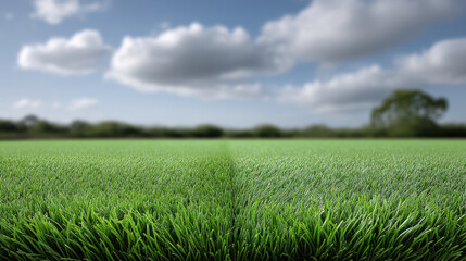 Obraz premium Artificial grass green field blue sky fluffy cloud outdoor landscape nature summer park fresh