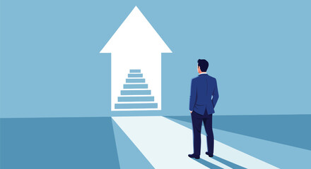 Businessman standing on light blue background and looking at a huge bright arrow showing the way up with steps towards business success © Yekes Peodn