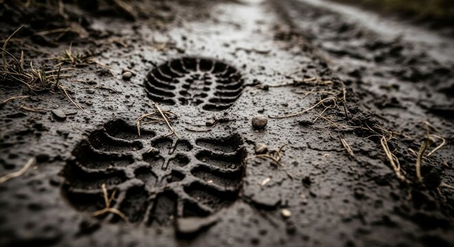 Soldier bootprint embedded in wet muddy ground