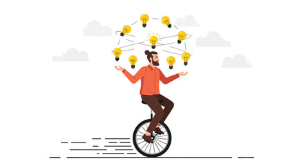 Creative bearded man juggling with light bulbs while riding a unicycle, representing creativity, innovation and multitasking abilities © Yekes Peodn