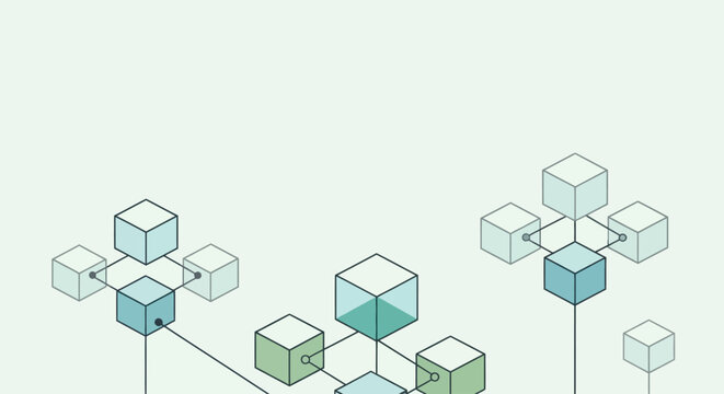 Infographic illustration of a network connection with isometric blocks in various shades of blue and green on a light green background, representing business and technology.
