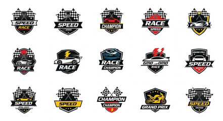 Collection of Racing Logos and Emblems with Cars and Checkered Flags. © Hari