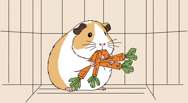 Cute Guinea Pig Holding a Bunch of Carrots in its Cage
