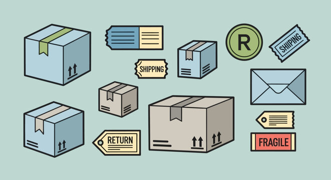 A flat lay illustration of various shipping boxes and labels on a light green background, showcasing a lifestyle of online shopping and delivery.