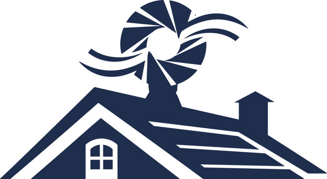 Blue wind turbine on dark house roof blue turbine