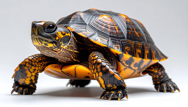 Close-up of a colorful box turtle isolated on light background. Detailed view of turtle shell patterns and reptile anatomy, wildlife and nature concept.