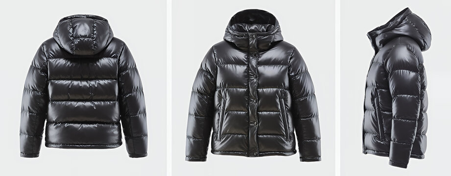 Black puffer jacket with hood shiny