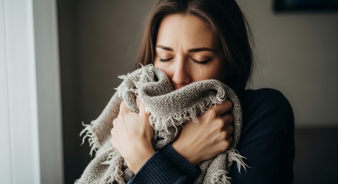 Woman smelling a worn threadbare blanket
