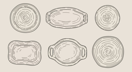 Set of hand drawn wooden cutting boards and tree trunk slices with natural texture. © Tri