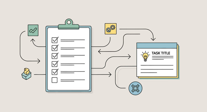 Conceptual illustration of task management and productivity workflow with checklist and task details.