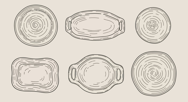 Set of hand drawn wooden cutting boards and tree trunk slices with natural texture.