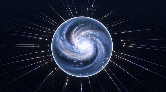 Vibrant swirling energy sphere amidst radiant light trails and a dark geometric grid