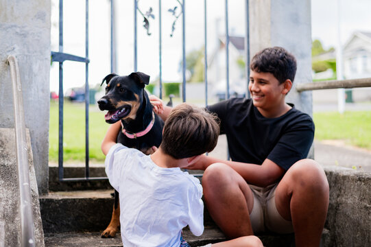 Two boys petting their dog while seated on concrete steps outside home