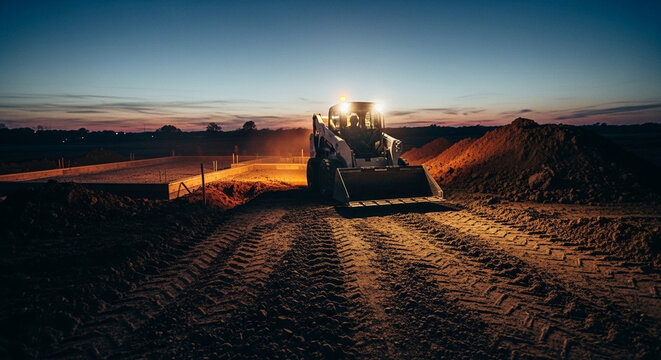 A powerful skid-steer loader with bright headlights illuminates a dirt construction site at twilight, showing fresh tire tracks and excavated earth.