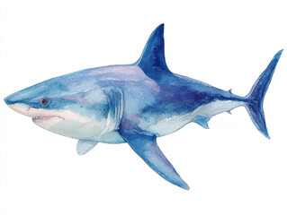 Fototapeta premium Light blue and darker blue shark swimming against a neutral background in watercolor illustration Soft glow from above, closed mouth, left side profile view Realistic style with empha - AI-Generated