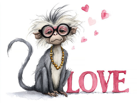 A cartoonish, old female monkey wearing glasses and a necklace, sitting on a love sign with floating hearts in a soft-lit, pastel-colored scene White background - AI-Generated