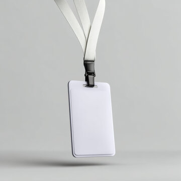 Minimal white conference badge with vertical orientation and blank surface, attached to white lanyard, isolated on grey background