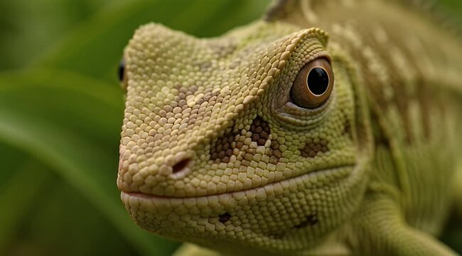 Detailed green reptile head, focused on textured scales, large round eye, blurred plants
