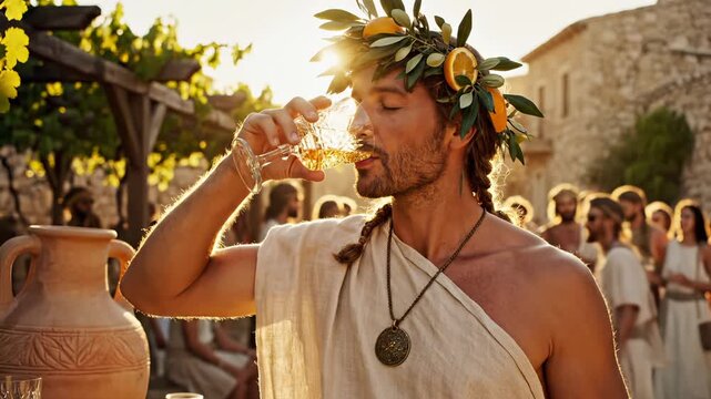 Man drinks wine wearing laurel wreath at ancient festival with crowd nearby. Greek celebration with wine glass and amphora. Man with wreath drinks at festival. Wine drinking at ancient celebration.