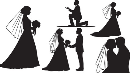 Set of Wedding Couple Silhouettes. Marriage, Bride and Groom Vector Isolated Graphics. isolated PNG with Transparent Background