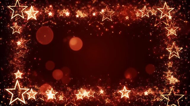 A dark red background with a border of twinkling golden stars and bokeh lights.