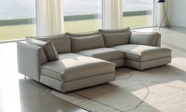 Modern, light-toned sectional sofa, natural light, large windows, minimalist design, cozy home
