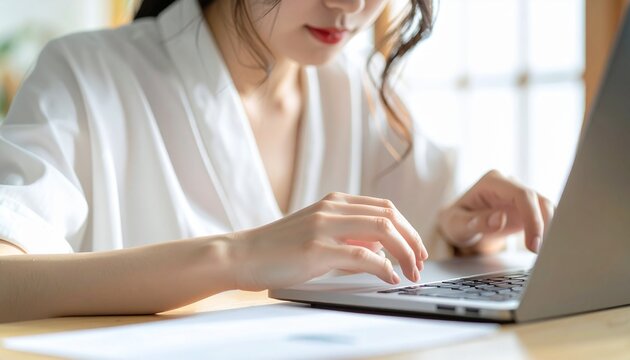 白いシャツを着た日本人女性がノートパソコンでネットショッピングをしている手元クローズアップ