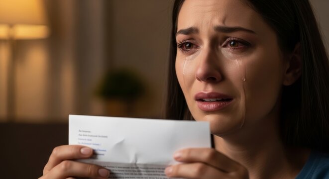 Woman crying over a letter