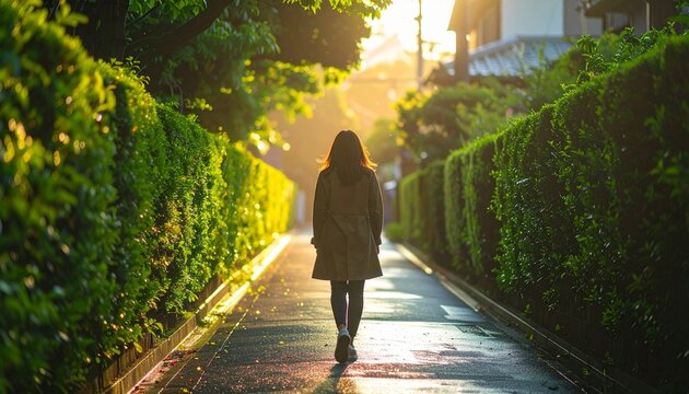 朝日差し込む生垣の住宅街を歩く女性の後ろ姿