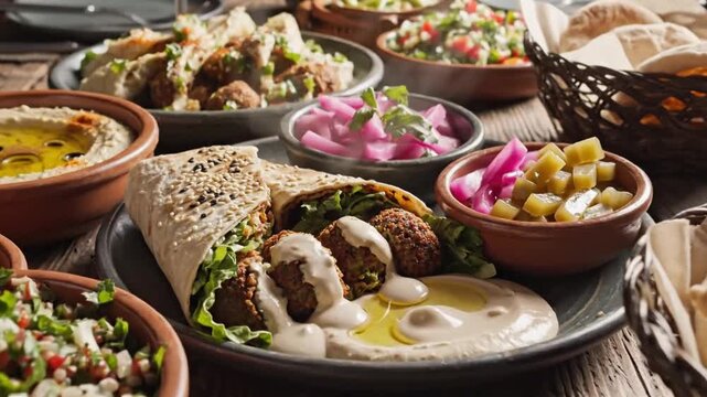 A generous spread of middle eastern cuisine featuring falafel wraps, hummus, tabbouleh, and pita bread on a rustic wooden table