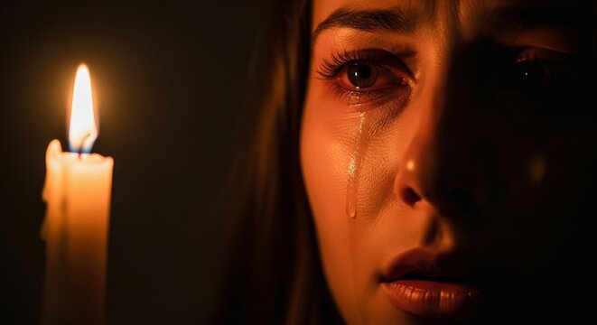 Woman's Tear Streaked Face Illuminated by Warm Light