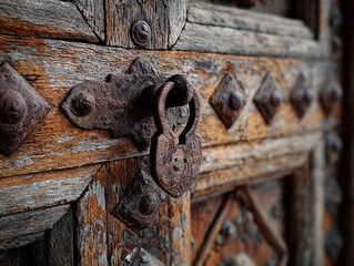 A weathered, aged wooden door secured by multiple large rusted padlocks under natural outdoor lighting - AI-Generated