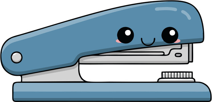 Blue office stapler with eyes.