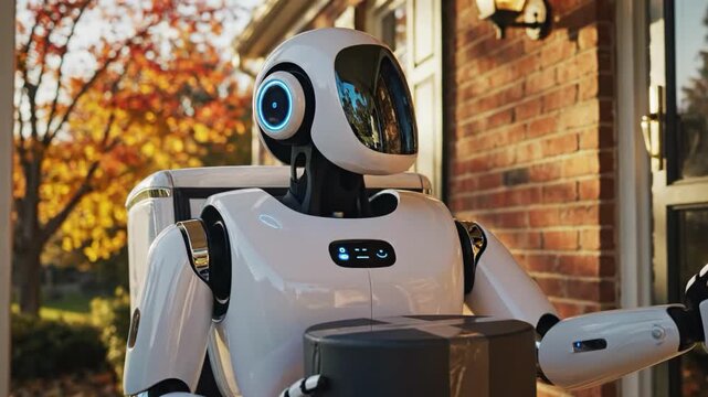 Robot holding a package on a porch with autumn foliage in the background