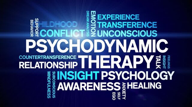 Psychodynamic Therapy animated word cloud-text design animation tag kinetic typography seamless loop.