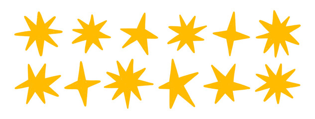 Crayon hand drawn stars, twinkle magic symbols. Shine, spark, or light elements. Silhouette sketches of sparkle icons on a transparent background. Doodle yellow glitter sparks, vector illustration © Vodoleyka