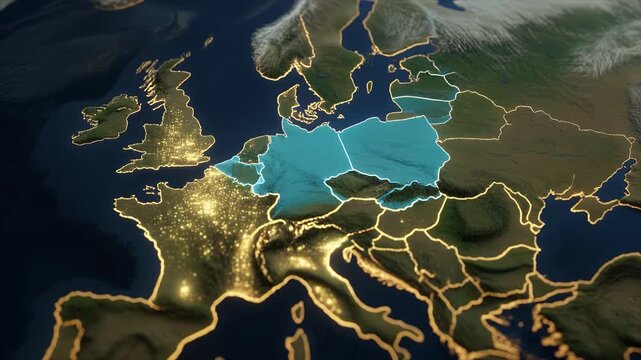 A glowing map of Europe at night from space, highlighting major cities and borders.