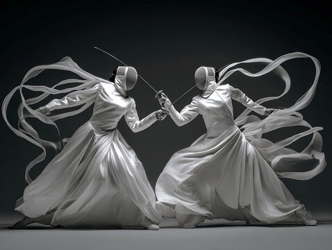 Two women in flowing white gowns, fencing in mid-lunge, wearing masks and gloves Dramatic studio setting with a matte black backdrop High contrast lighting Rendered in painterly styl - AI-Generated