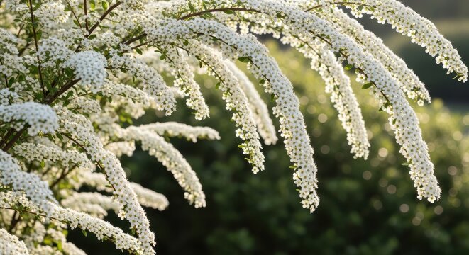 Cascading bridal wreath spirea blossoms in soft sunlight showcasing delicate white flowers