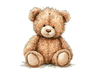Fototapeta premium Watercolor illustration of a brown teddy bear on white background, sitting upright and extending arms Soft lines, pastel colors, and warm details light brown body, darker brown earsf - AI-Generated