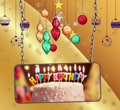 Happy Christmas greeting card with colorful Christmas balls, cake with candles, balloons, gifts and sweet desserts creating a festive birthday and holiday celebration illustration