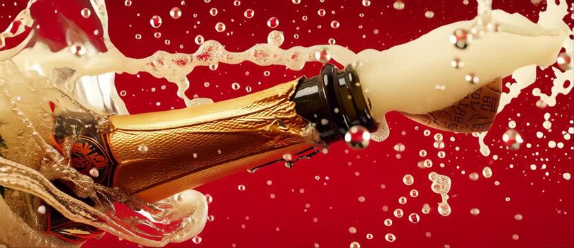 Champagne bottle cork popping with bubbly liquid splashing on a red background