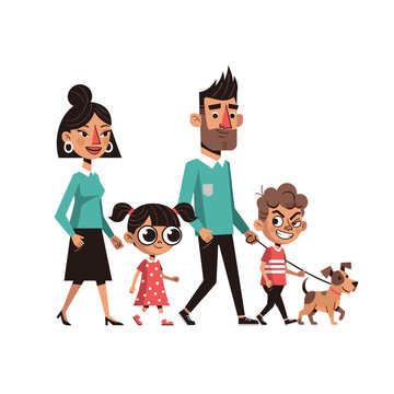 Happy family with a little troublemaker walking dog together illustration