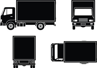 Black and White Delivery Truck Vector Illustration Set Featuring Side Front Back and Top View Perspectives for Logistics Transport and Commercial Shipping Design Projects © Nayan