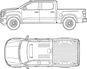 Detailed Pickup Truck Blueprint Illustration Featuring Side and Top View Perspectives of a Modern Double Cab Utility Vehicle for Technical Design and Automotive Projects. © Nayan